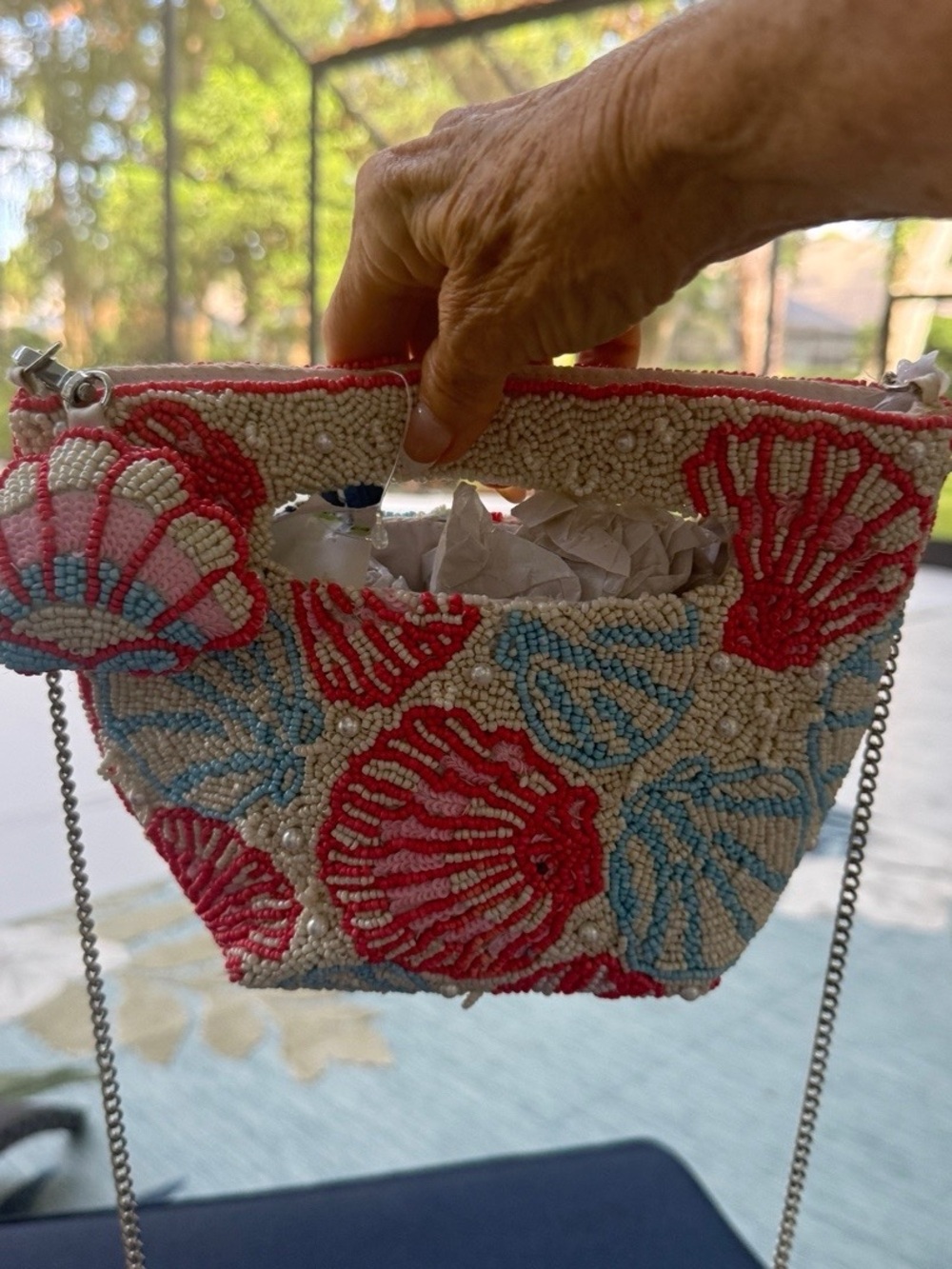Beaded Seashell Wristlet Clutch - Pink, Blue & Cream